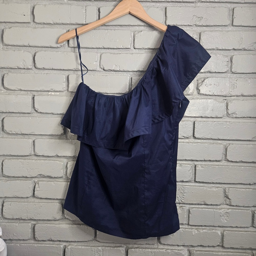 Trina Turk Womens Navy Blue One Shoulder Ruffle Top Blouse R281602 Size 10